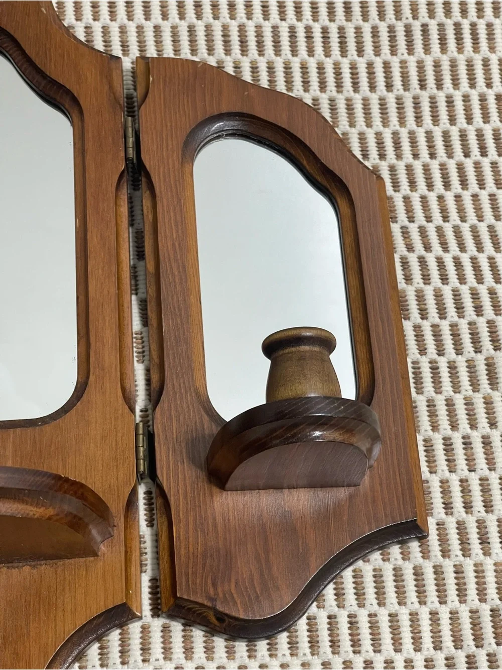 Vintage Wood Tri-View Wall Mirror Shelf in Brown